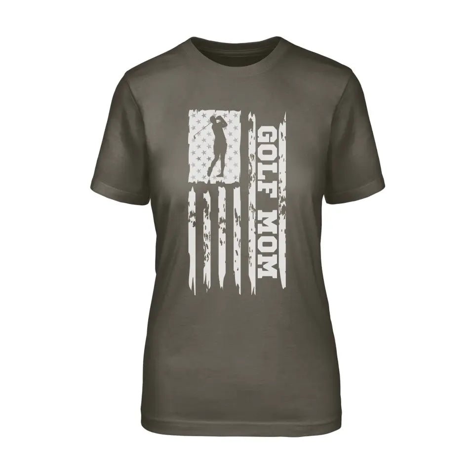 Golf Mom Vertical Flag on a Unisex T-Shirt with a White Graphic
