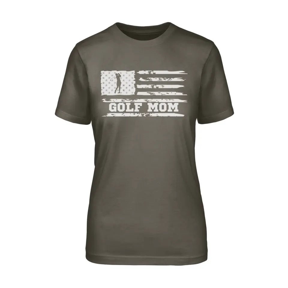Golf Mom Horizontal Flag on a Unisex T-Shirt with a White Graphic