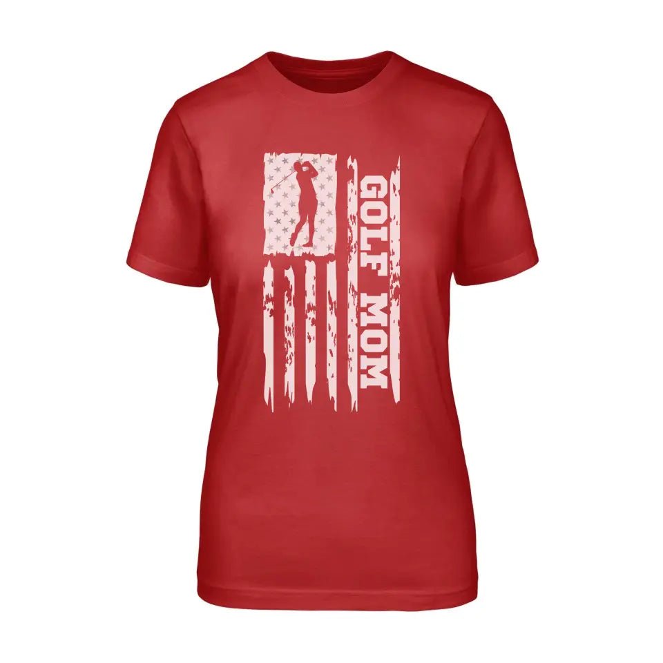 Golf Mom Vertical Flag on a Unisex T-Shirt with a White Graphic