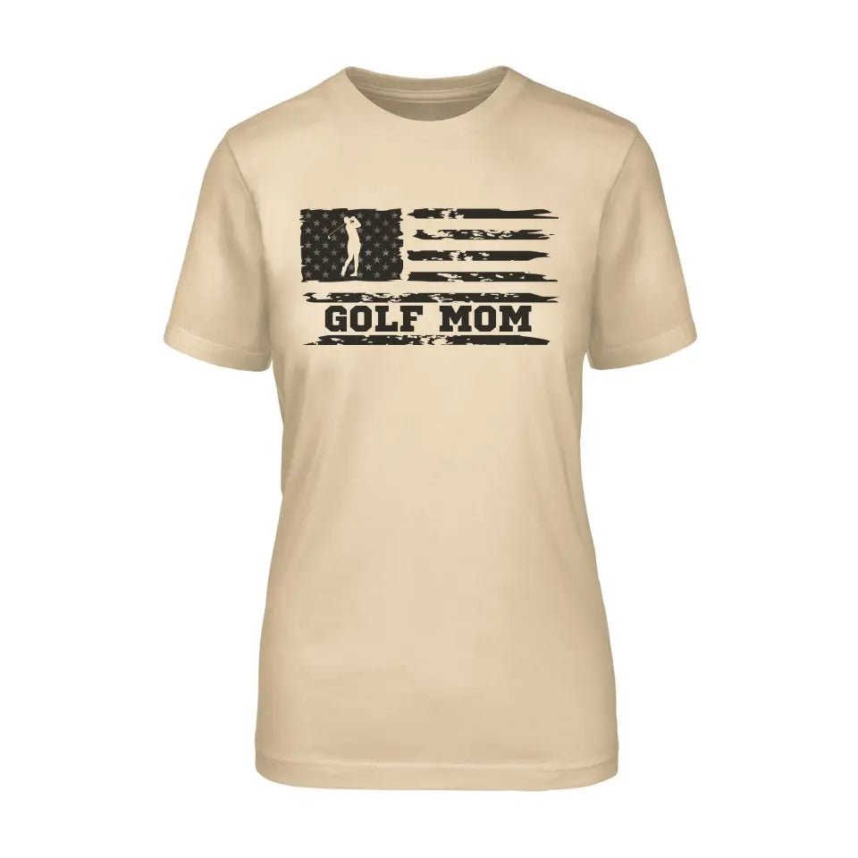Golf Mom Horizontal Flag on a Unisex T-Shirt with a Black Graphic
