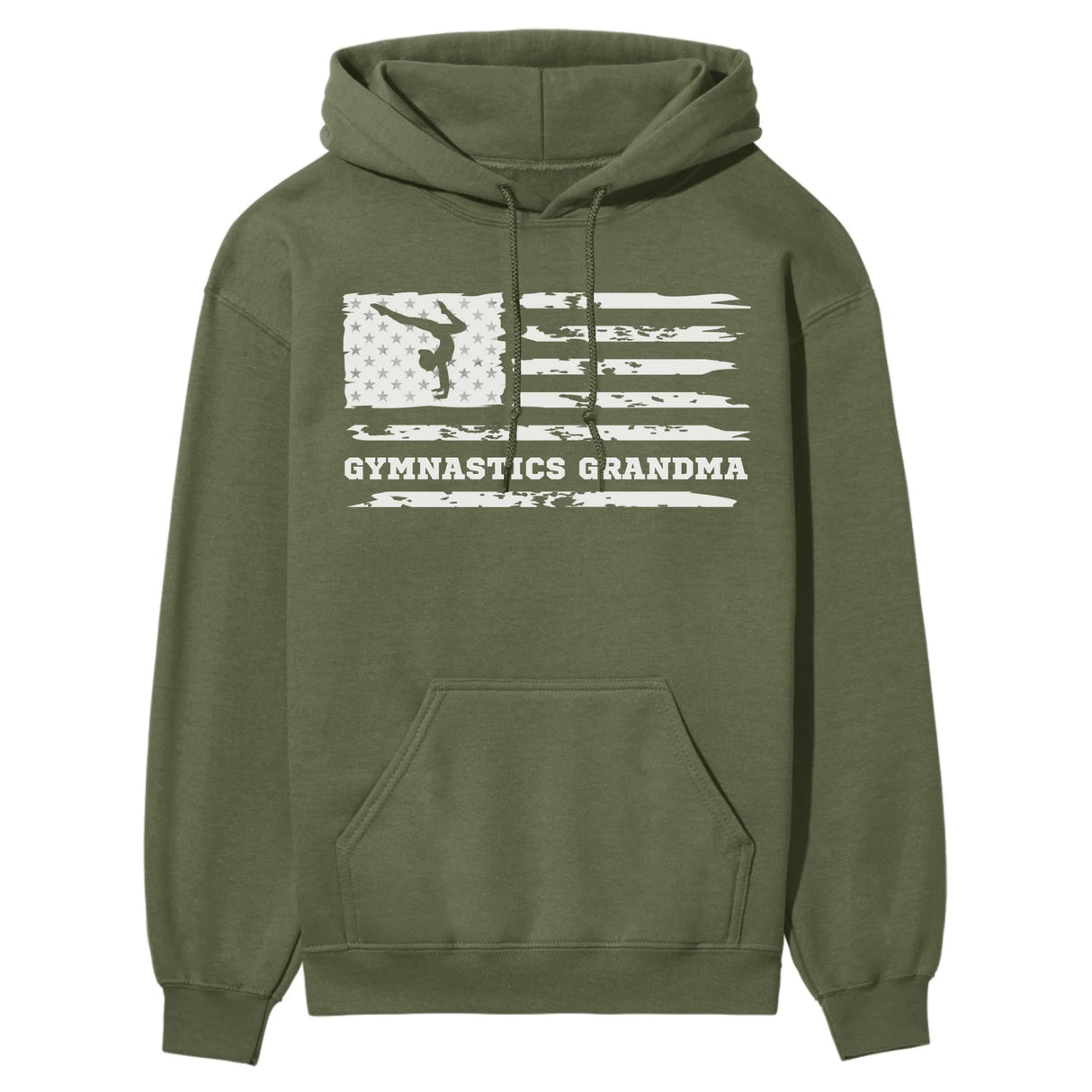 Gymnastics Grandma Horizontal Flag on a Hoodie with a White Graphic