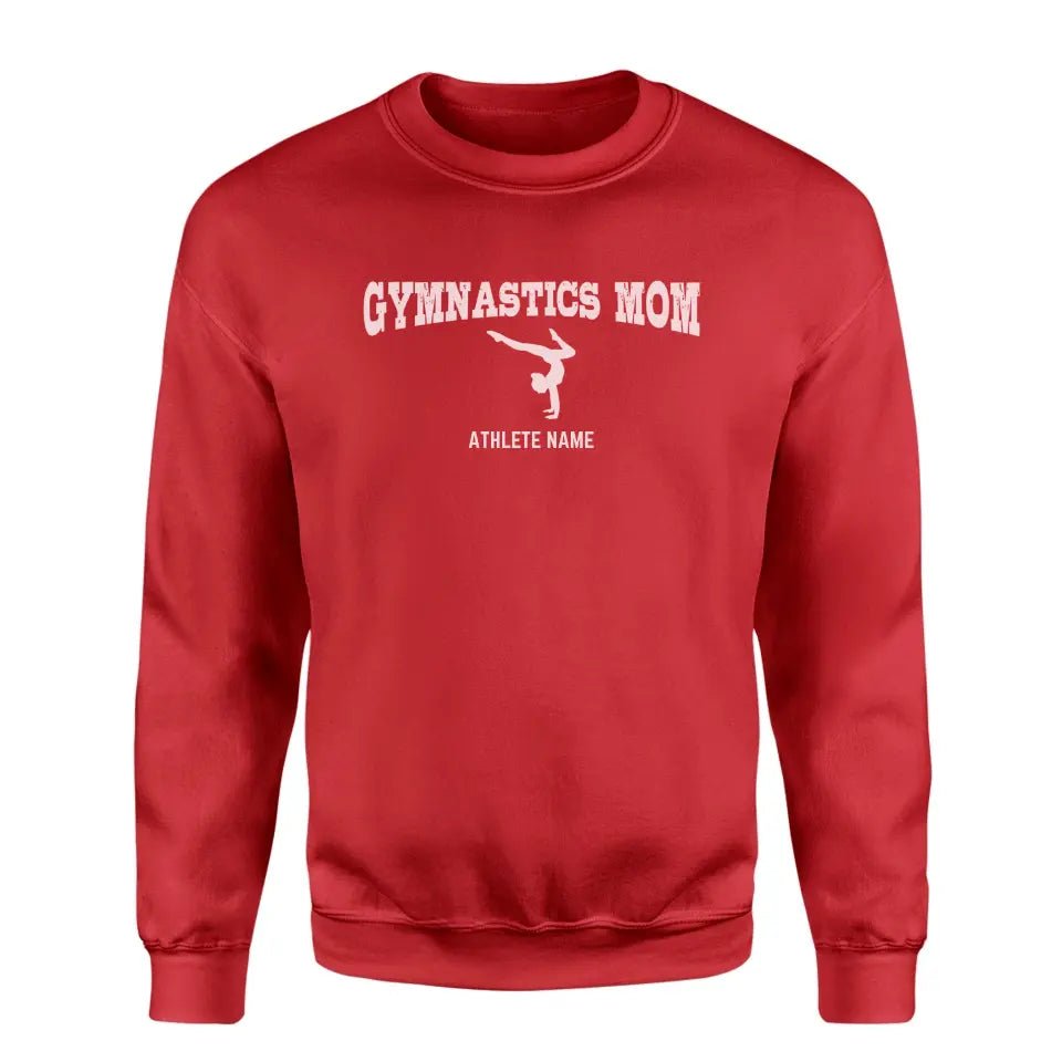 Gymnastics Mom with Gymnast Icon and Gymnast Name on a Sweatshirt with a White Graphic