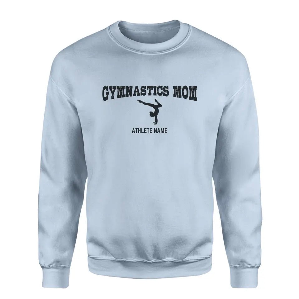 Gymnastics Mom with Gymnast Icon and Gymnast Name on a Sweatshirt with a Black Graphic