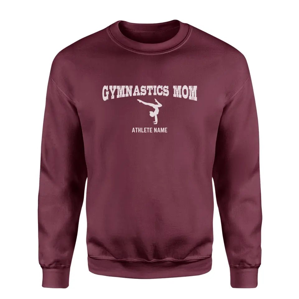 Gymnastics Mom with Gymnast Icon and Gymnast Name on a Sweatshirt with a White Graphic
