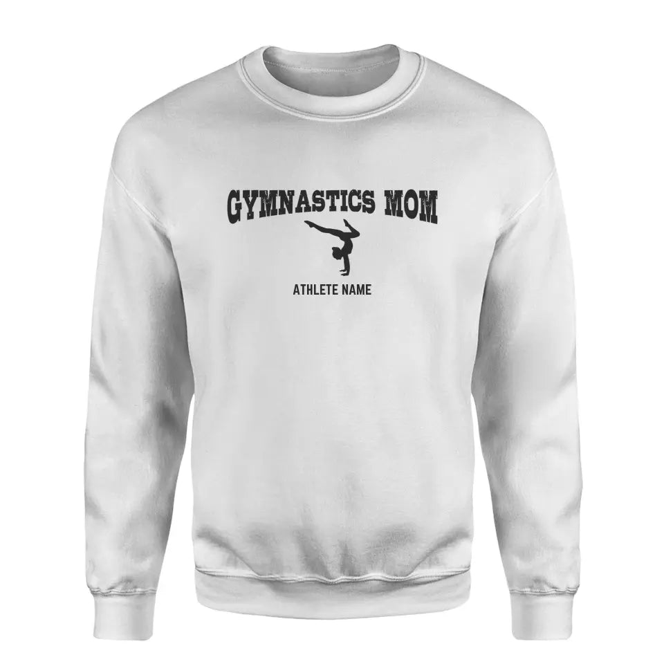 Gymnastics Mom with Gymnast Icon and Gymnast Name on a Sweatshirt with a Black Graphic
