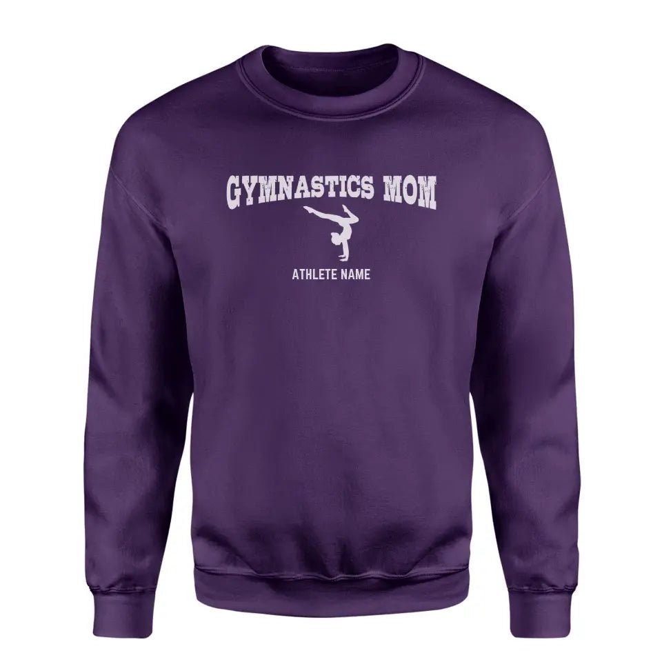 Gymnastics Mom with Gymnast Icon and Gymnast Name on a Sweatshirt with a White Graphic