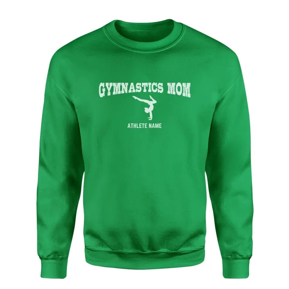 Gymnastics Mom with Gymnast Icon and Gymnast Name on a Sweatshirt with a White Graphic