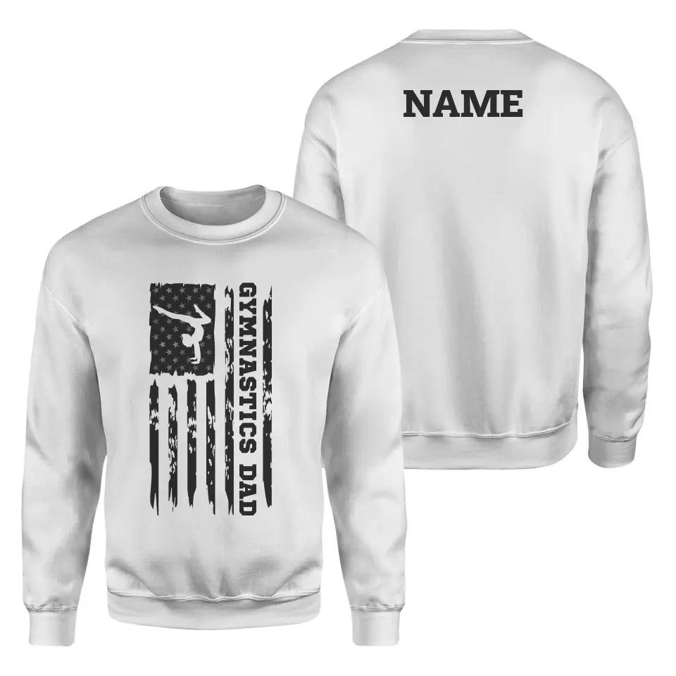 Gymnastics Dad Vertical Flag With Gymnast Name on a Sweatshirt with a Black Graphic