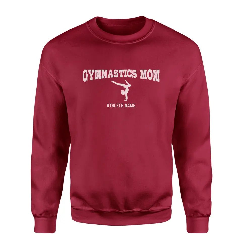 Gymnastics Mom with Gymnast Icon and Gymnast Name on a Sweatshirt with a White Graphic