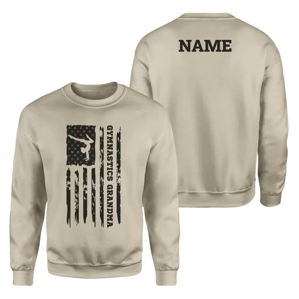 Gymnastics Grandma Vertical Flag With Gymnast Name on a Sweatshirt with a Black Graphic