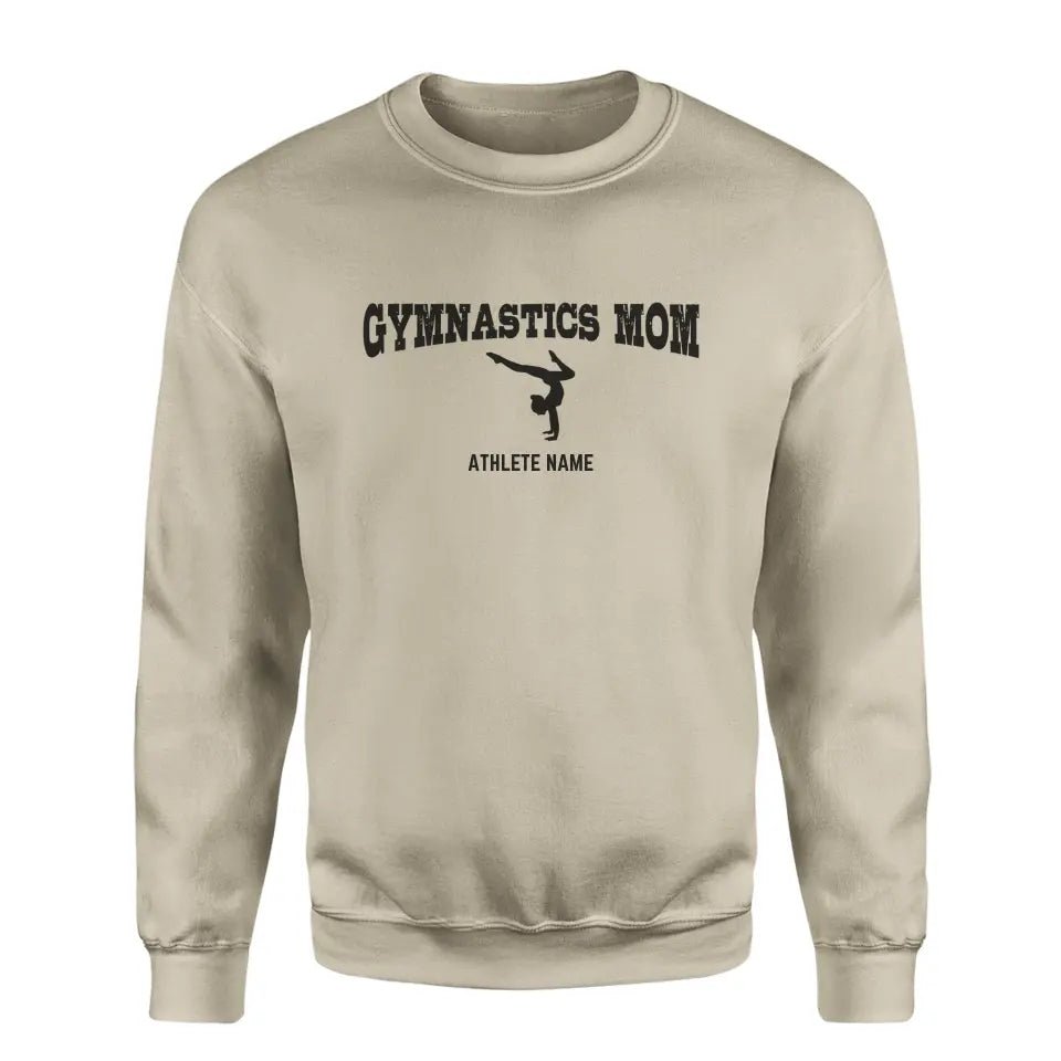 Gymnastics Mom with Gymnast Icon and Gymnast Name on a Sweatshirt with a Black Graphic