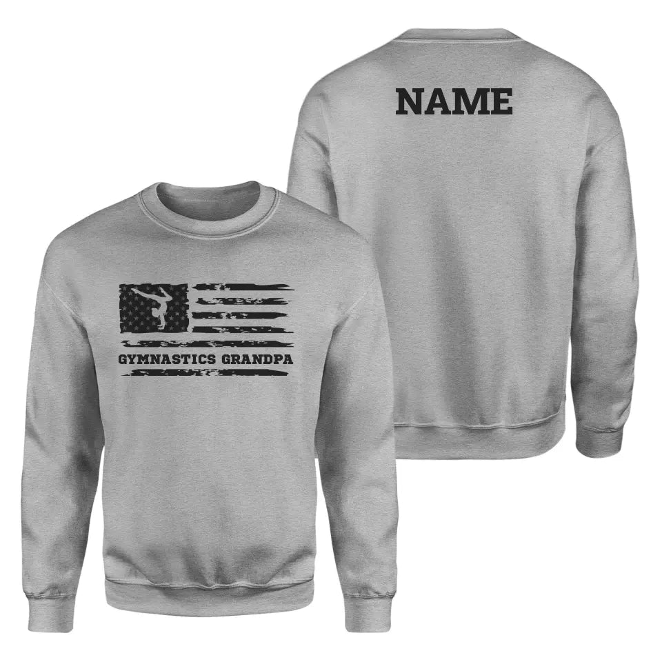 Gymnastics Grandpa Horizontal Flag With Gymnast Name on a Sweatshirt with a Black Graphic