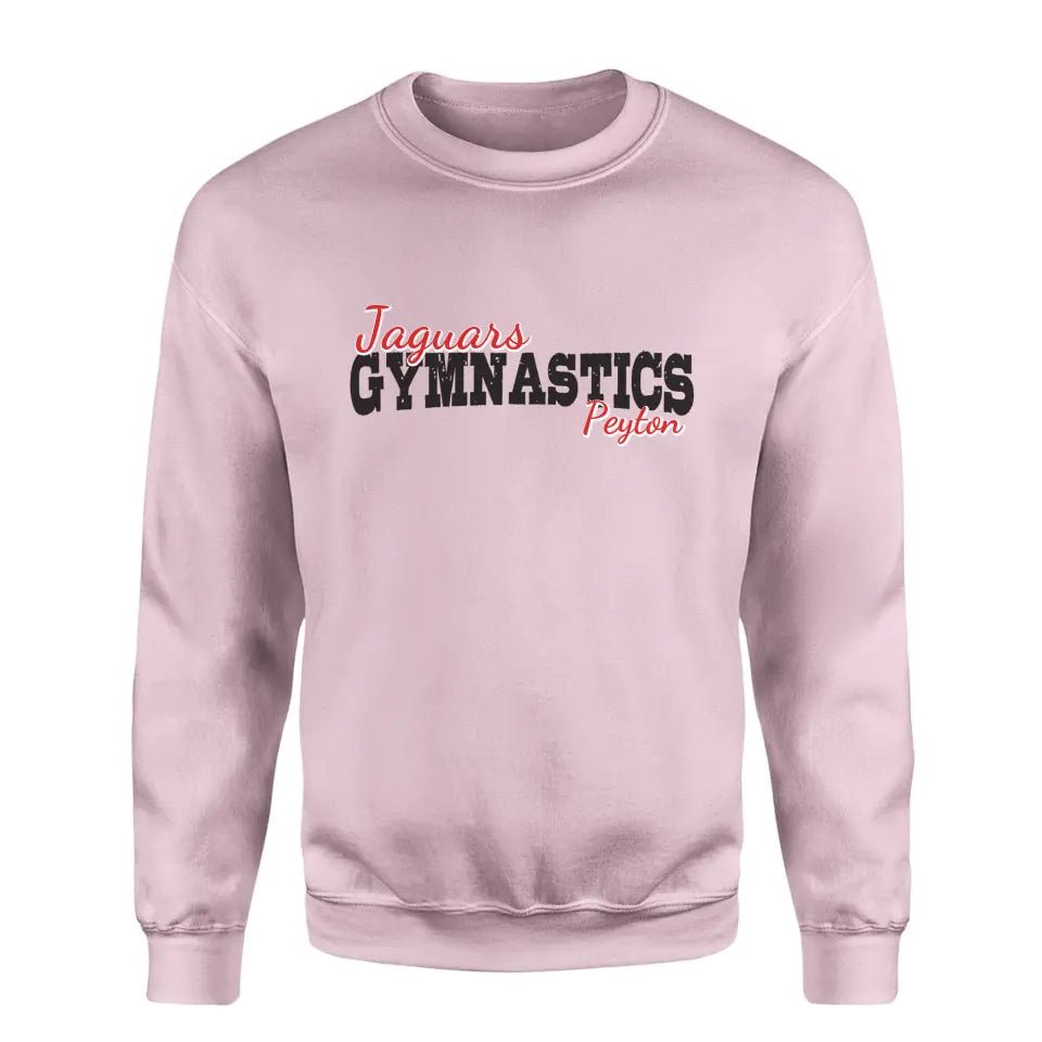 Custom Gymnastics Mascot and Gymnast Name on a Sweatshirt with a Black Graphic
