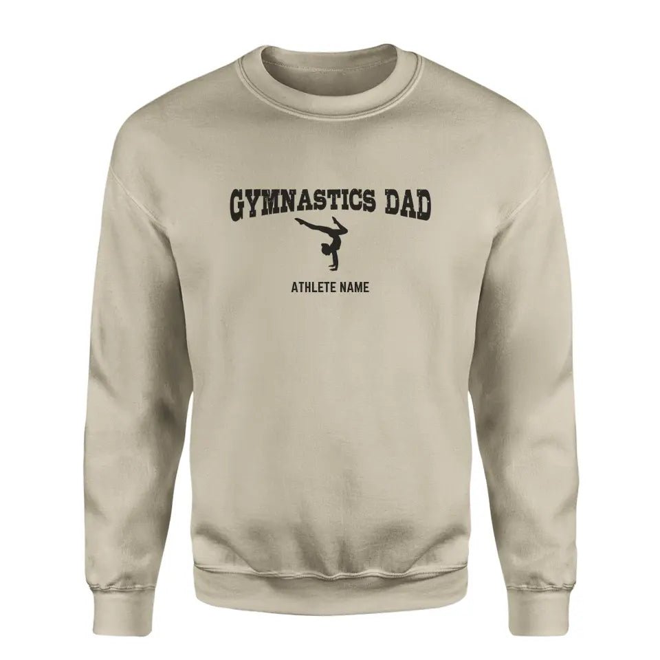 Gymnastics Dad with Gymnast Icon and Gymnast Name on a Sweatshirt with a Black Graphic