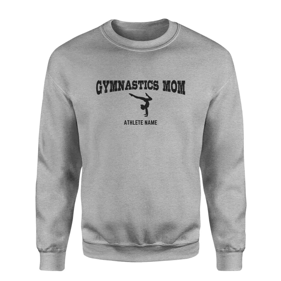 Gymnastics Mom with Gymnast Icon and Gymnast Name on a Sweatshirt with a Black Graphic