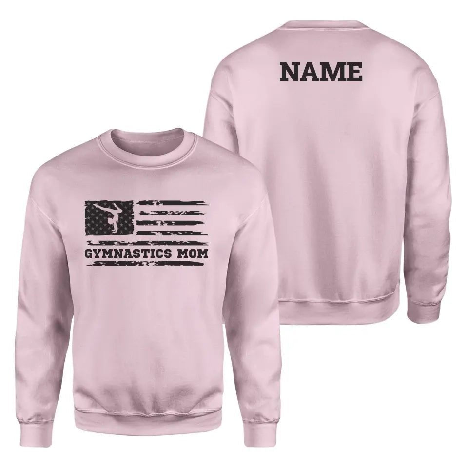 Gymnastics Mom Horizontal Flag With Gymnast Name on a Sweatshirt with a Black Graphic