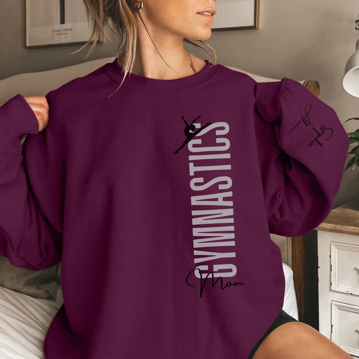 Personalized Gymnastics Mom on a Sweatshirt With Mascot, Icon, and Gymnast Name on Sleeve on a Sweatshirt