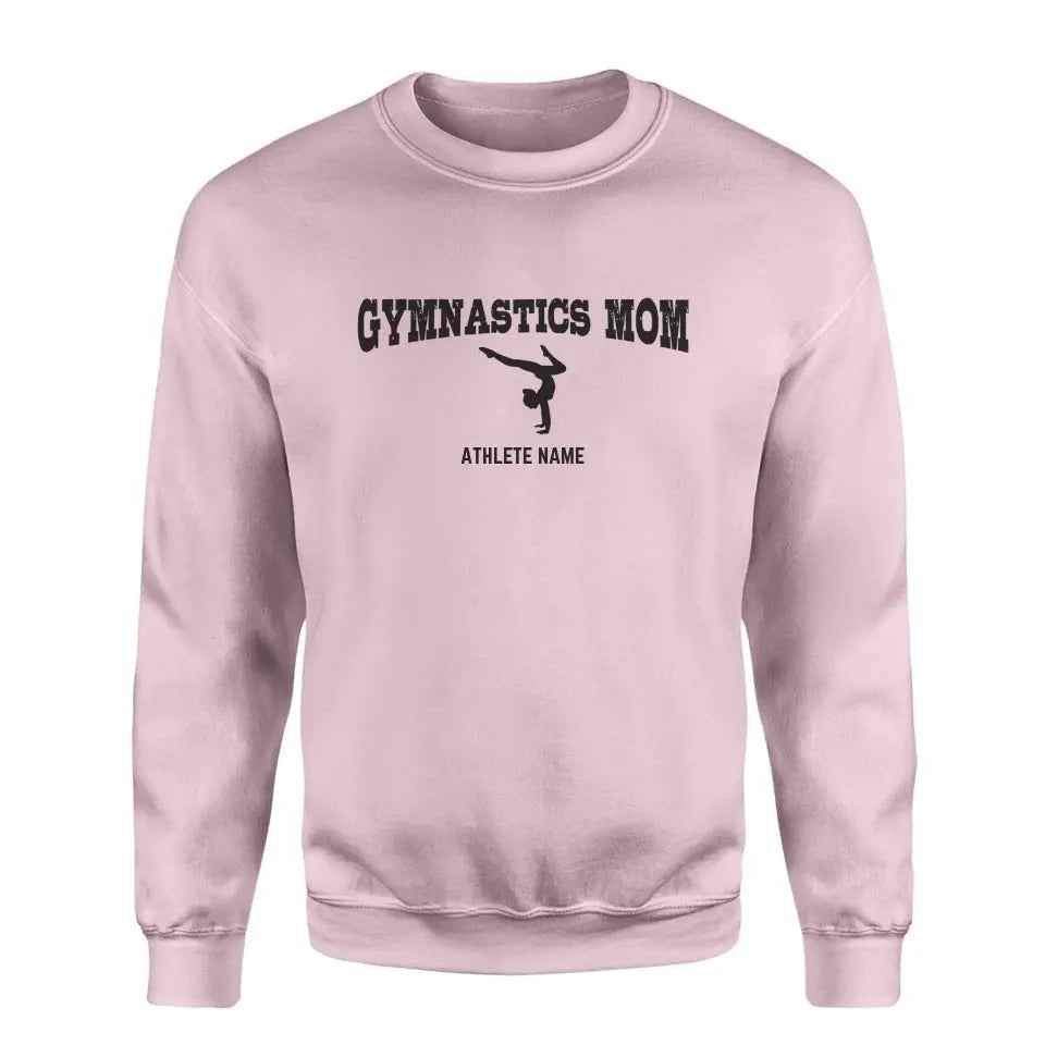 Gymnastics Mom with Gymnast Icon and Gymnast Name on a Sweatshirt with a Black Graphic