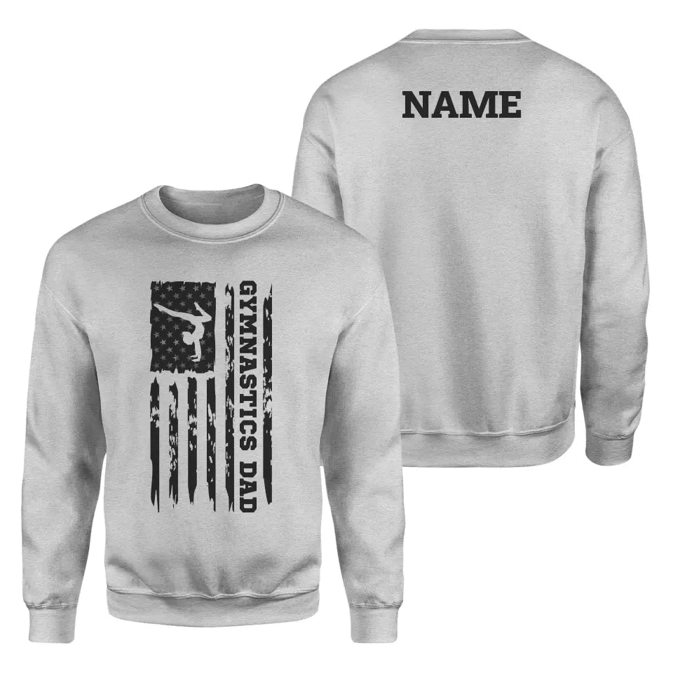 Gymnastics Dad Vertical Flag With Gymnast Name on a Sweatshirt with a Black Graphic