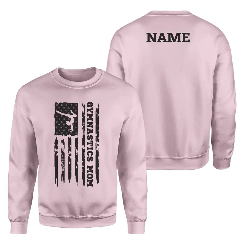 Gymnastics Mom Vertical Flag With Gymnast Name on a Sweatshirt with a Black Graphic