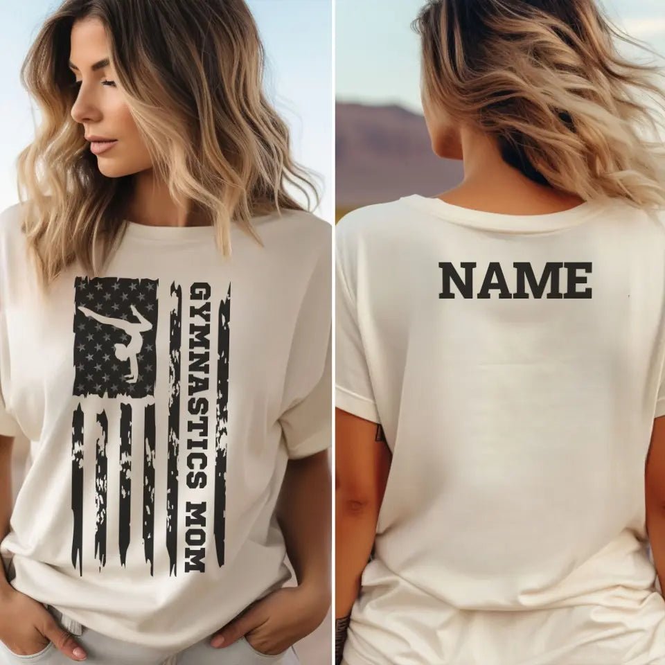Gymnastics Mom Vertical Flag With Gymnast Name on a Unisex T-Shirt with a Black Graphic