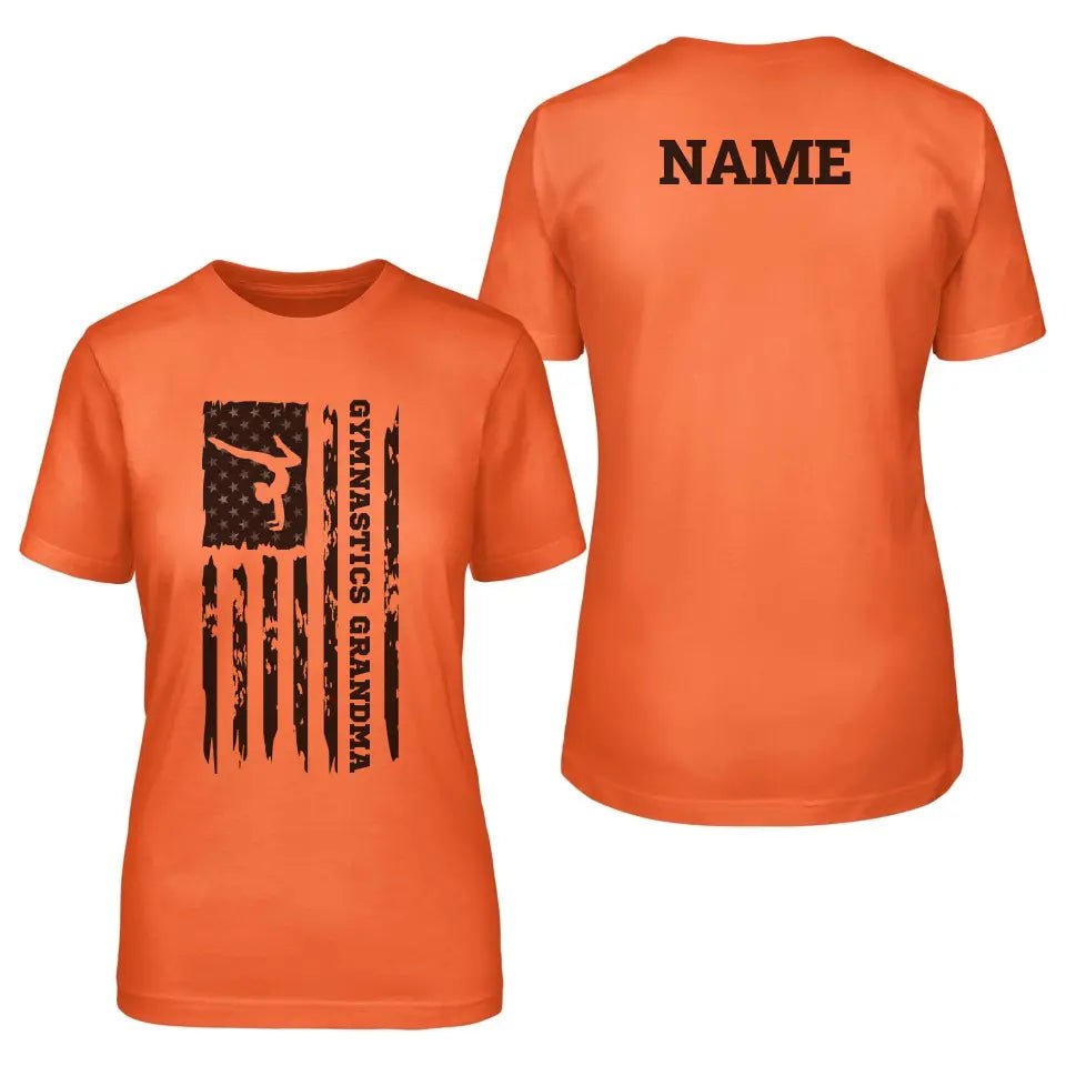 Gymnastics Grandma Vertical Flag With Gymnast Name on a Unisex T-Shirt with a Black Graphic