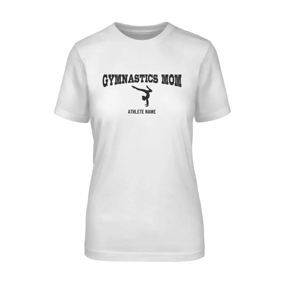 Gymnastics Mom with Gymnast Icon and Gymnast Name on a Unisex T-Shirt with a Black Graphic