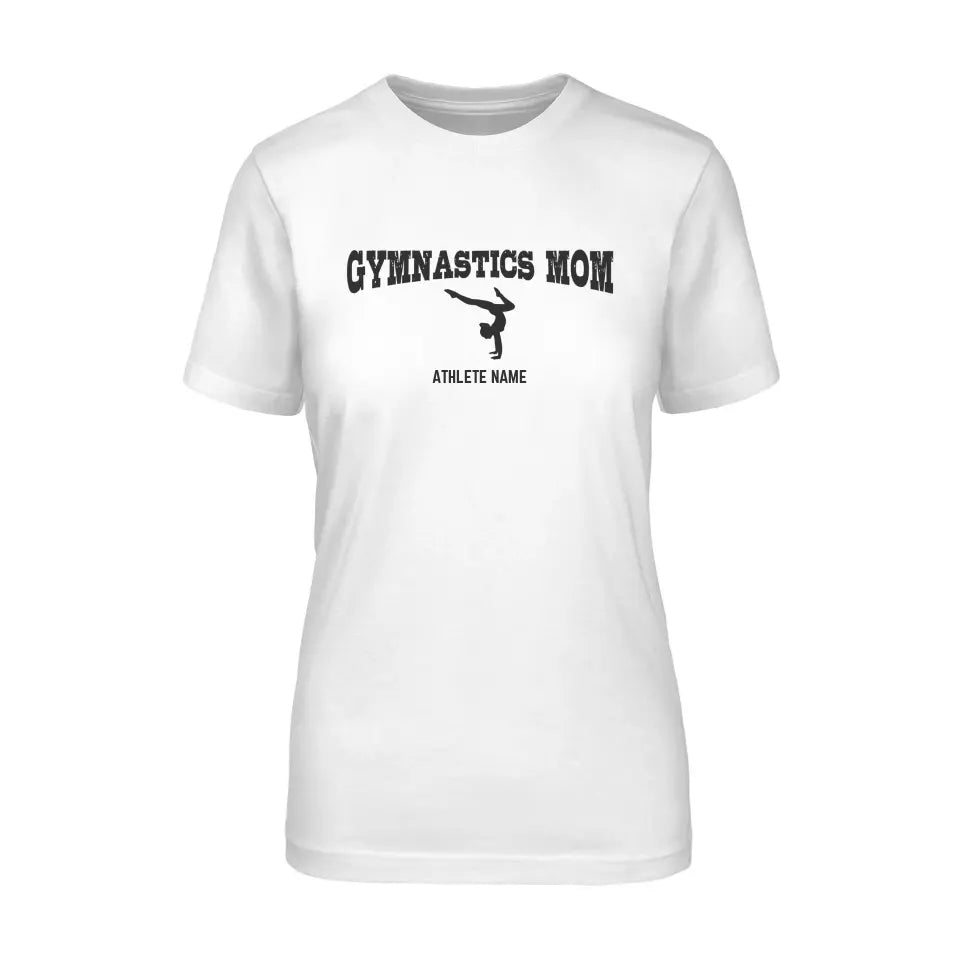 Gymnastics Mom with Gymnast Icon and Gymnast Name on a Unisex T-Shirt with a Black Graphic