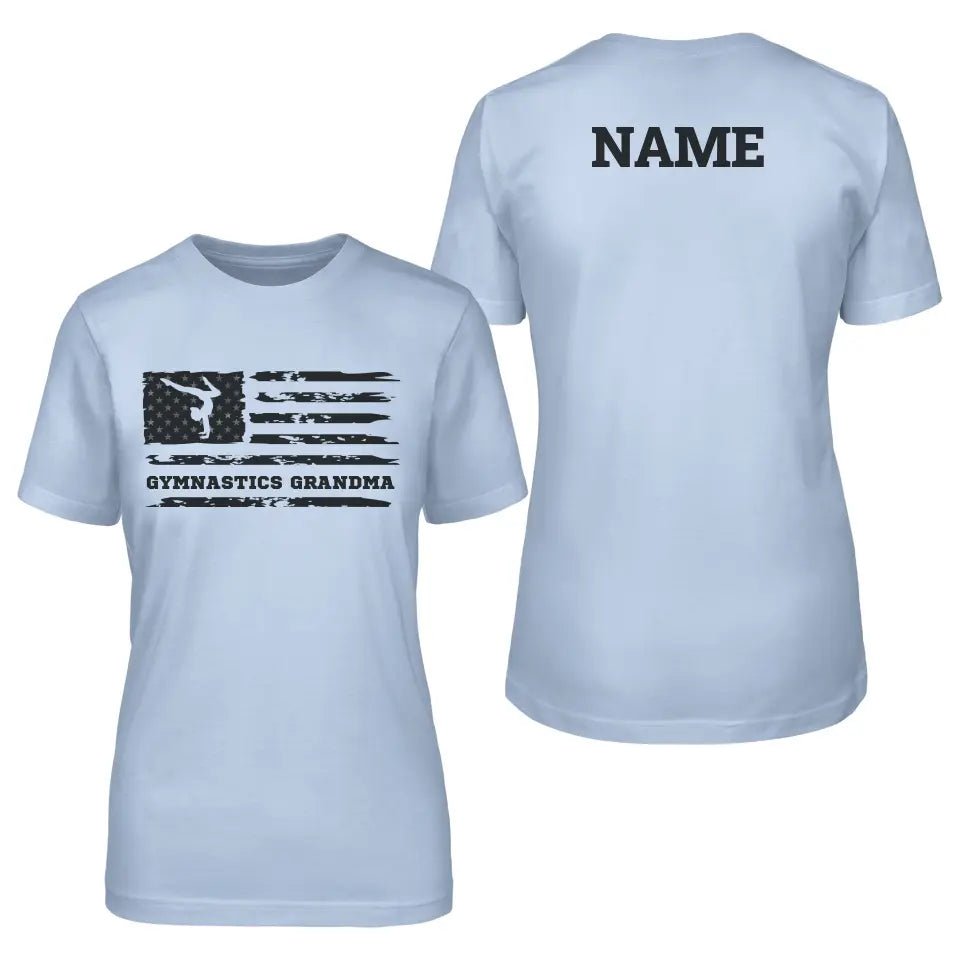 Gymnastics Grandma Horizontal Flag With Gymnast Name on a Unisex T-Shirt with a Black Graphic