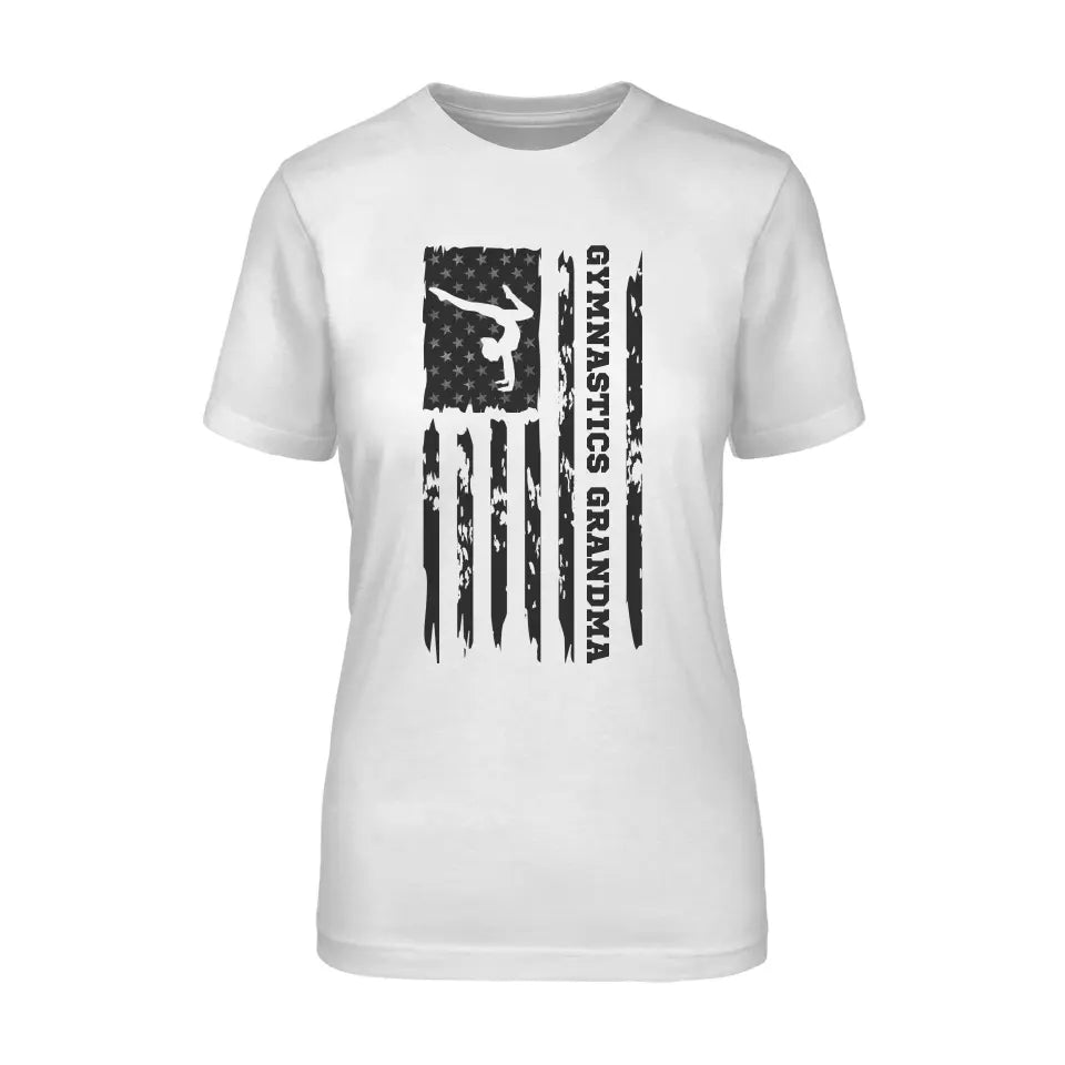Gymnastics Grandma Vertical Flag on a Unisex T-Shirt with a Black Graphic