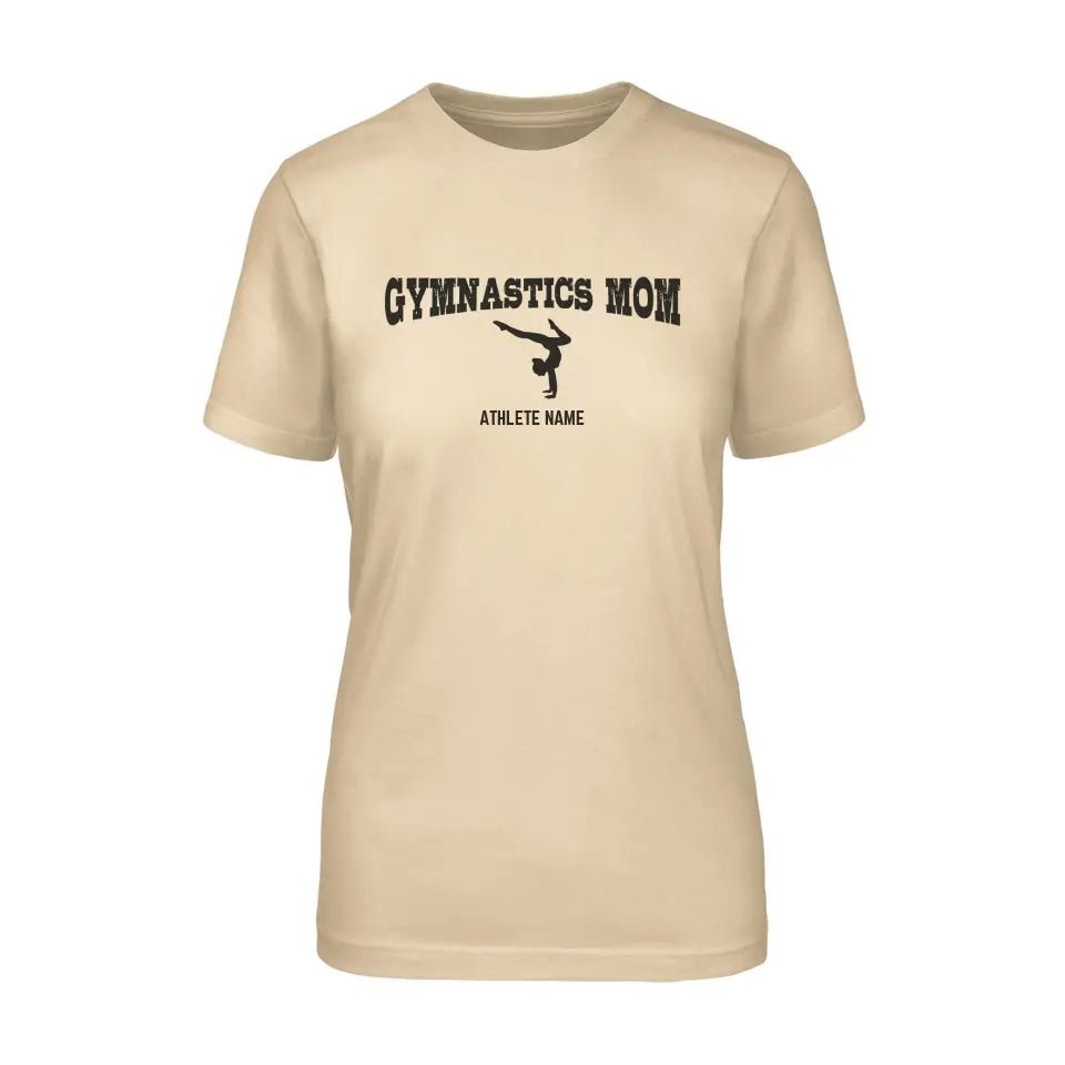 Gymnastics Mom with Gymnast Icon and Gymnast Name on a Unisex T-Shirt with a Black Graphic