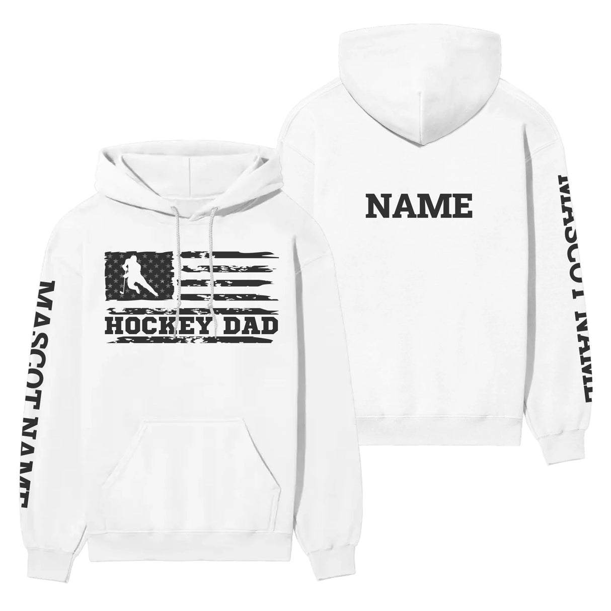 Hockey Dad Horizontal Flag With Hockey Player Name on a Hoodie with a Black Graphic