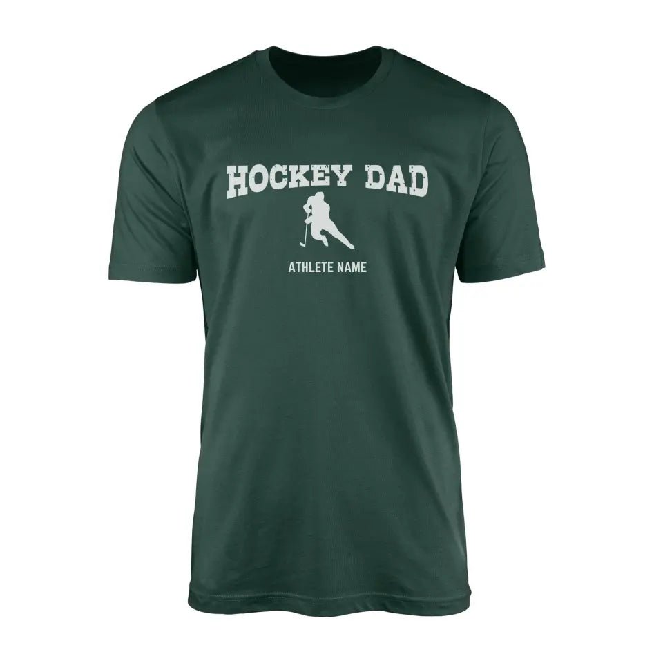 Hockey Dad with Hockey Player Icon and Hockey Player Name on a Men's T-Shirt with a White Graphic