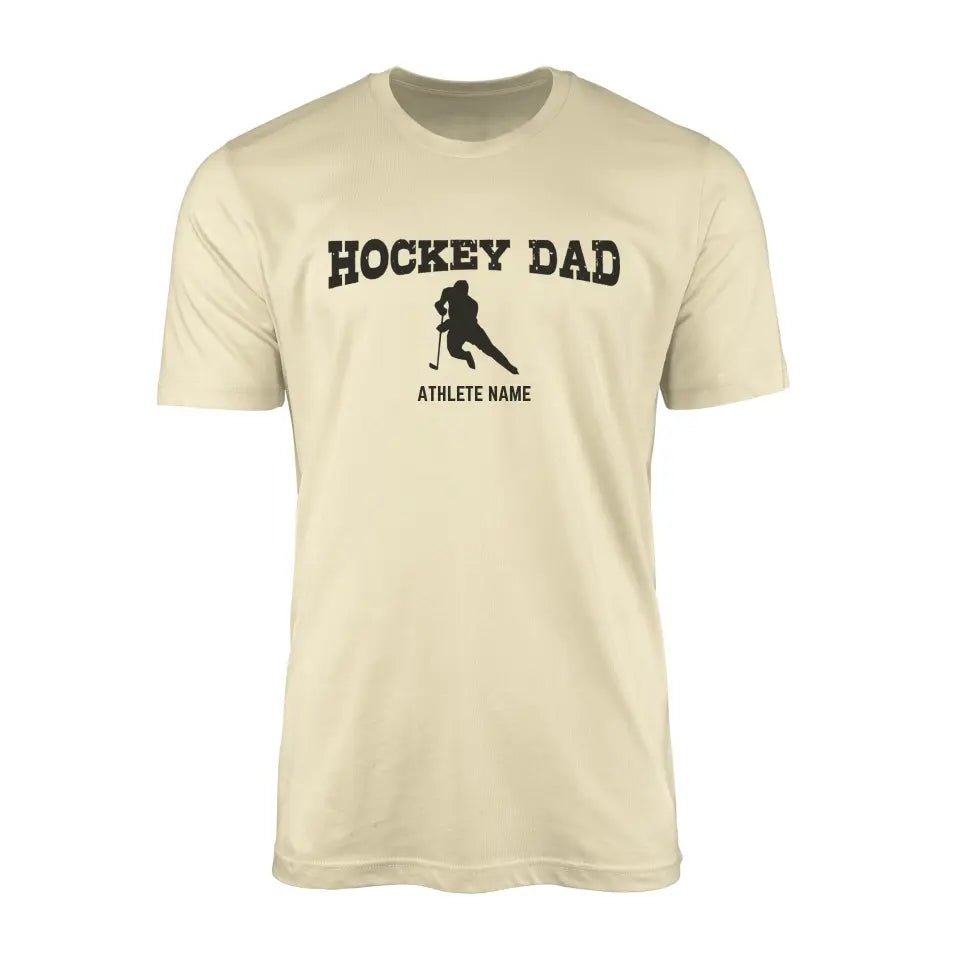 Hockey Dad with Hockey Player Icon and Hockey Player Name on a Men's T-Shirt with a Black Graphic