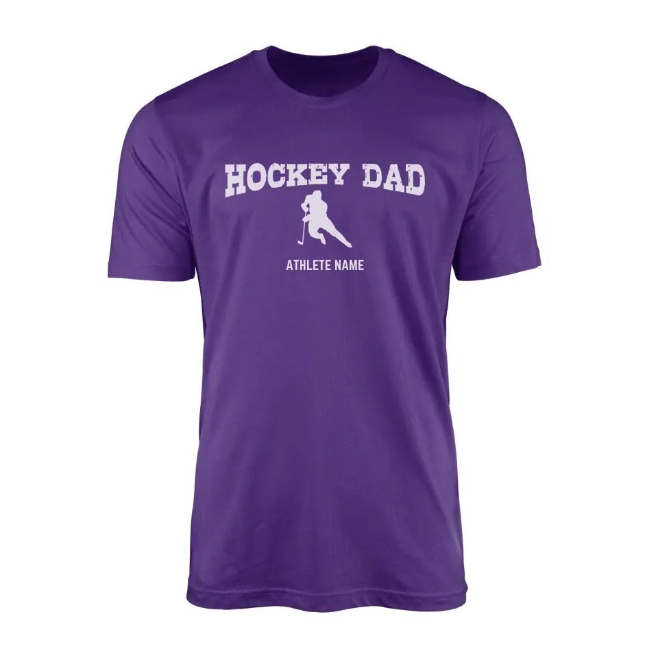 Hockey Dad with Hockey Player Icon and Hockey Player Name on a Men's T-Shirt with a White Graphic