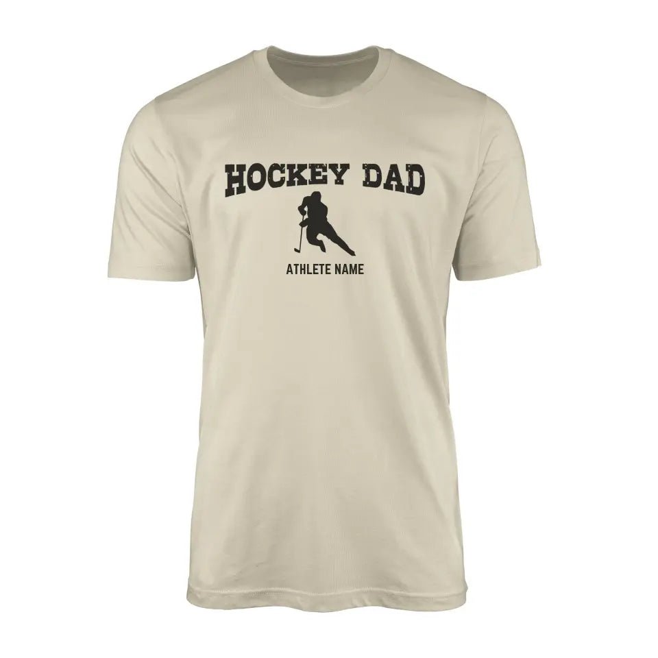 Hockey Dad with Hockey Player Icon and Hockey Player Name on a Men's T-Shirt with a Black Graphic