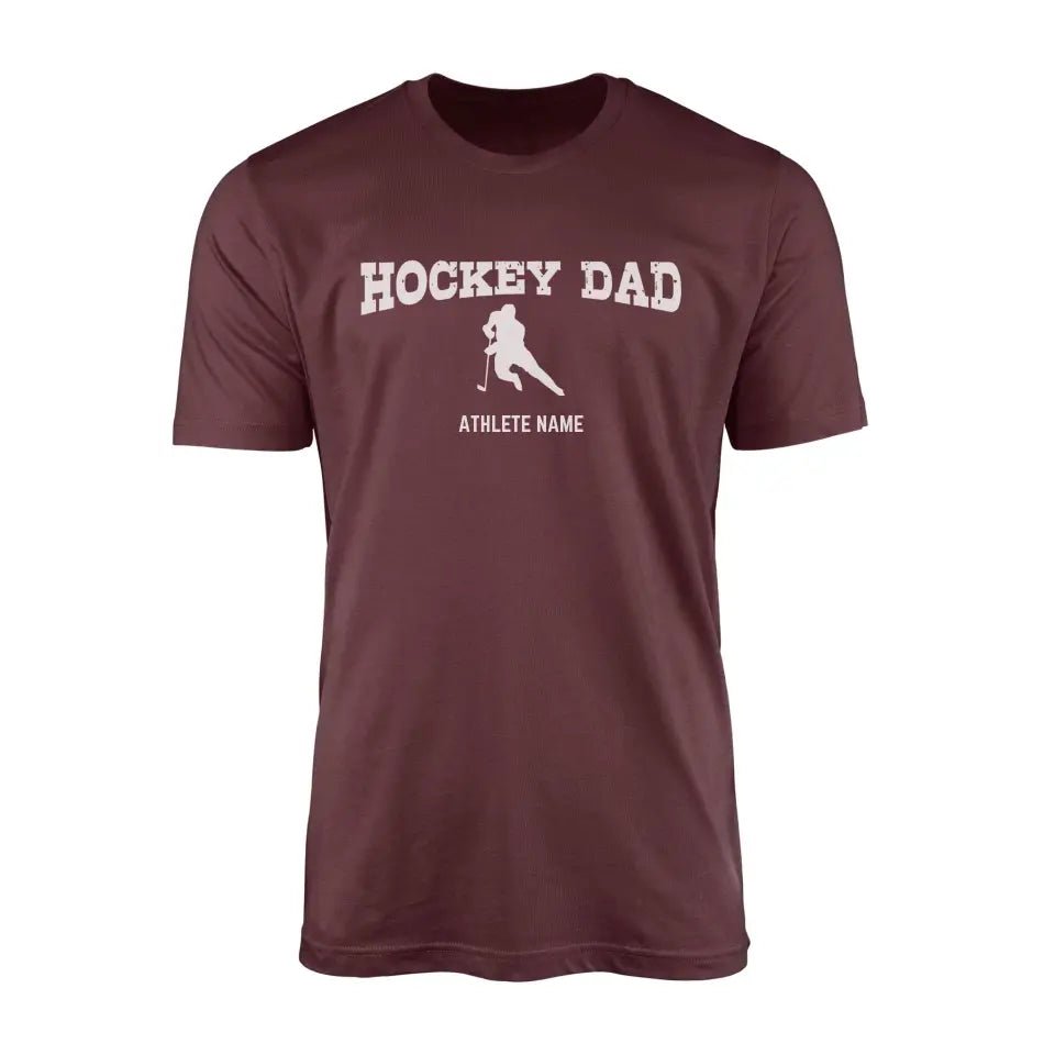 Hockey Dad with Hockey Player Icon and Hockey Player Name on a Men's T-Shirt with a White Graphic