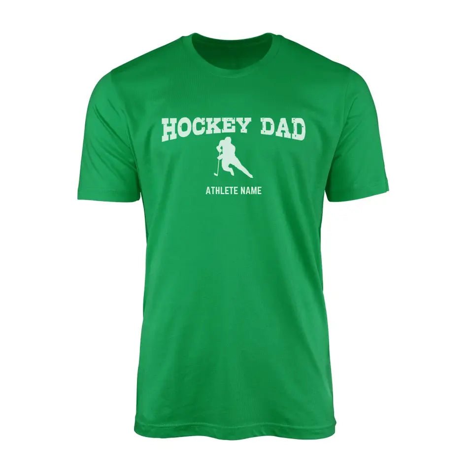 Hockey Dad with Hockey Player Icon and Hockey Player Name on a Men's T-Shirt with a White Graphic