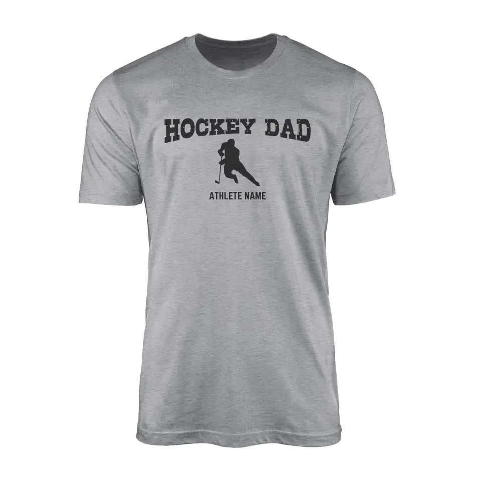 Hockey Dad with Hockey Player Icon and Hockey Player Name on a Men's T-Shirt with a Black Graphic