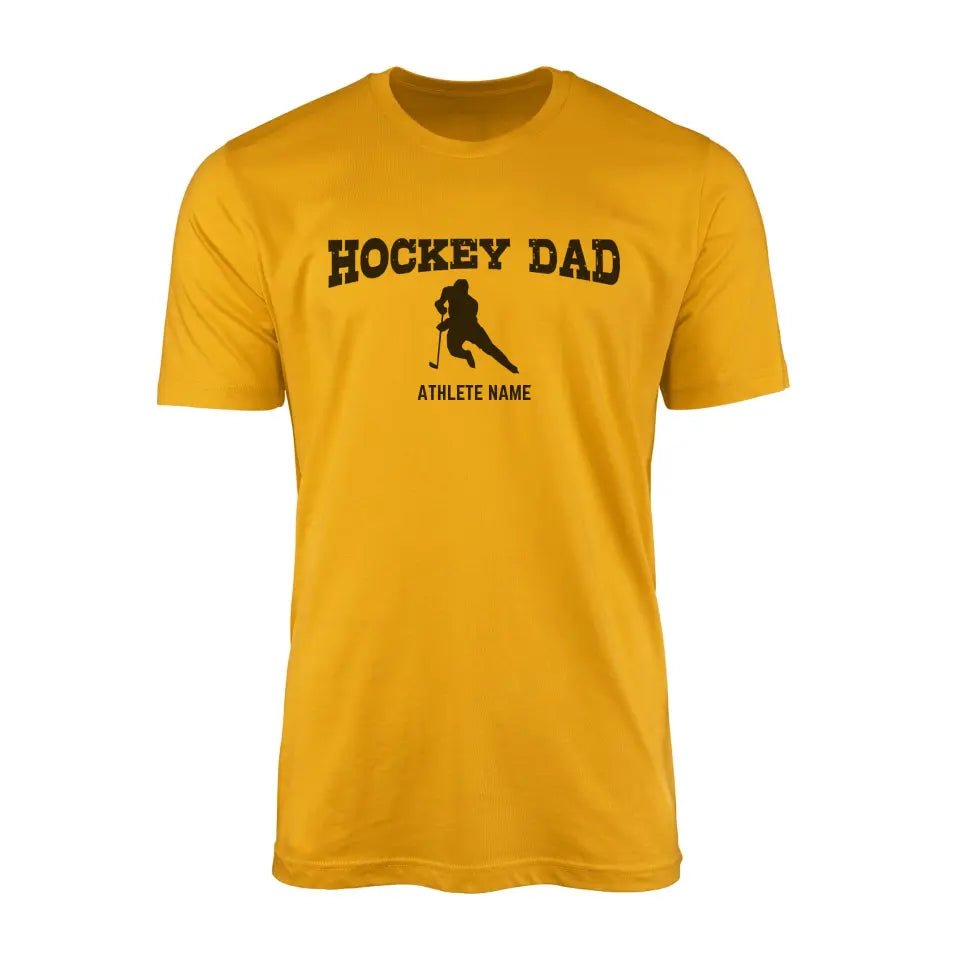 Hockey Dad with Hockey Player Icon and Hockey Player Name on a Men's T-Shirt with a Black Graphic