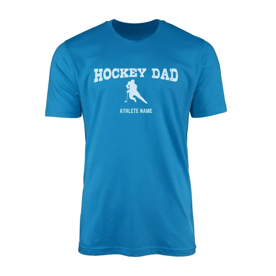 Hockey Dad with Hockey Player Icon and Hockey Player Name on a Men's T-Shirt with a White Graphic