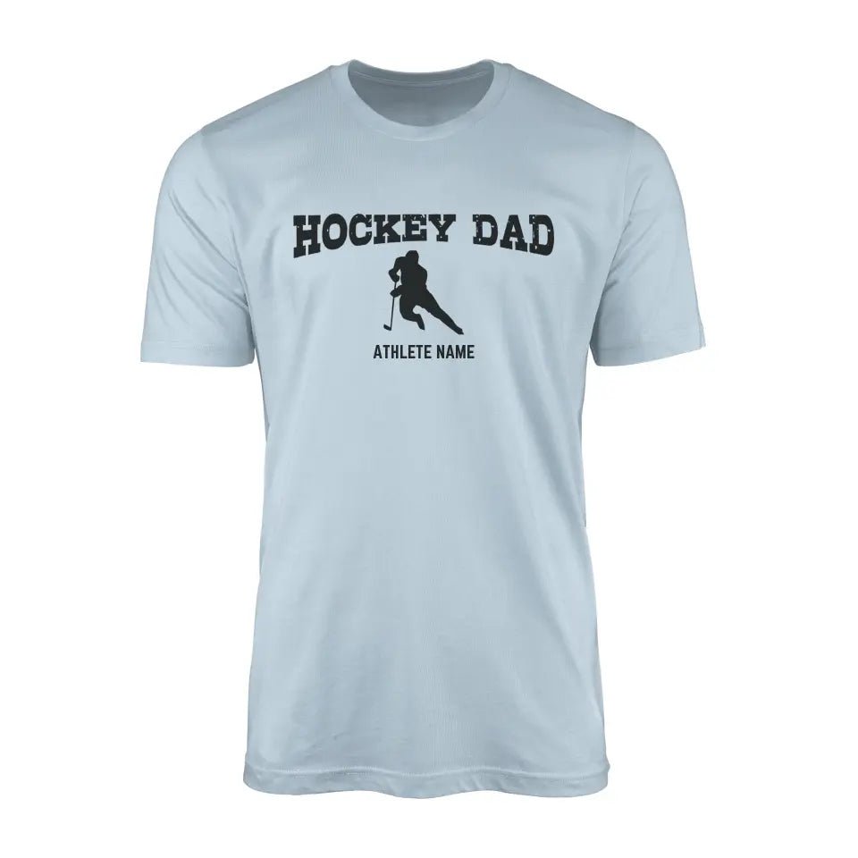 Hockey Dad with Hockey Player Icon and Hockey Player Name on a Men's T-Shirt with a Black Graphic