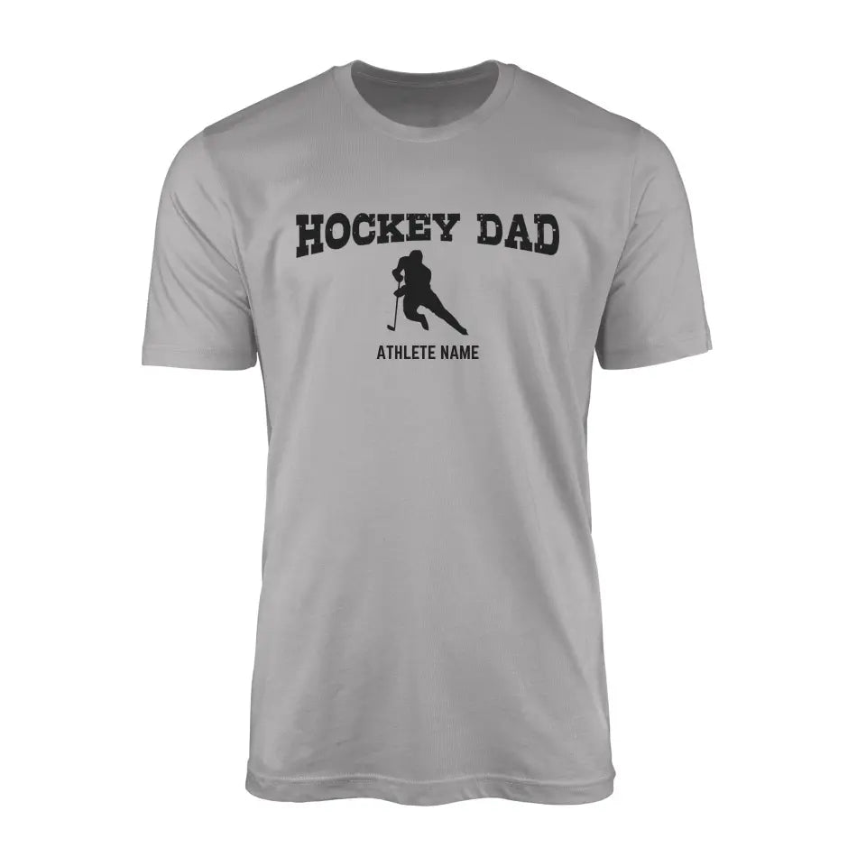 Hockey Dad with Hockey Player Icon and Hockey Player Name on a Men's T-Shirt with a Black Graphic