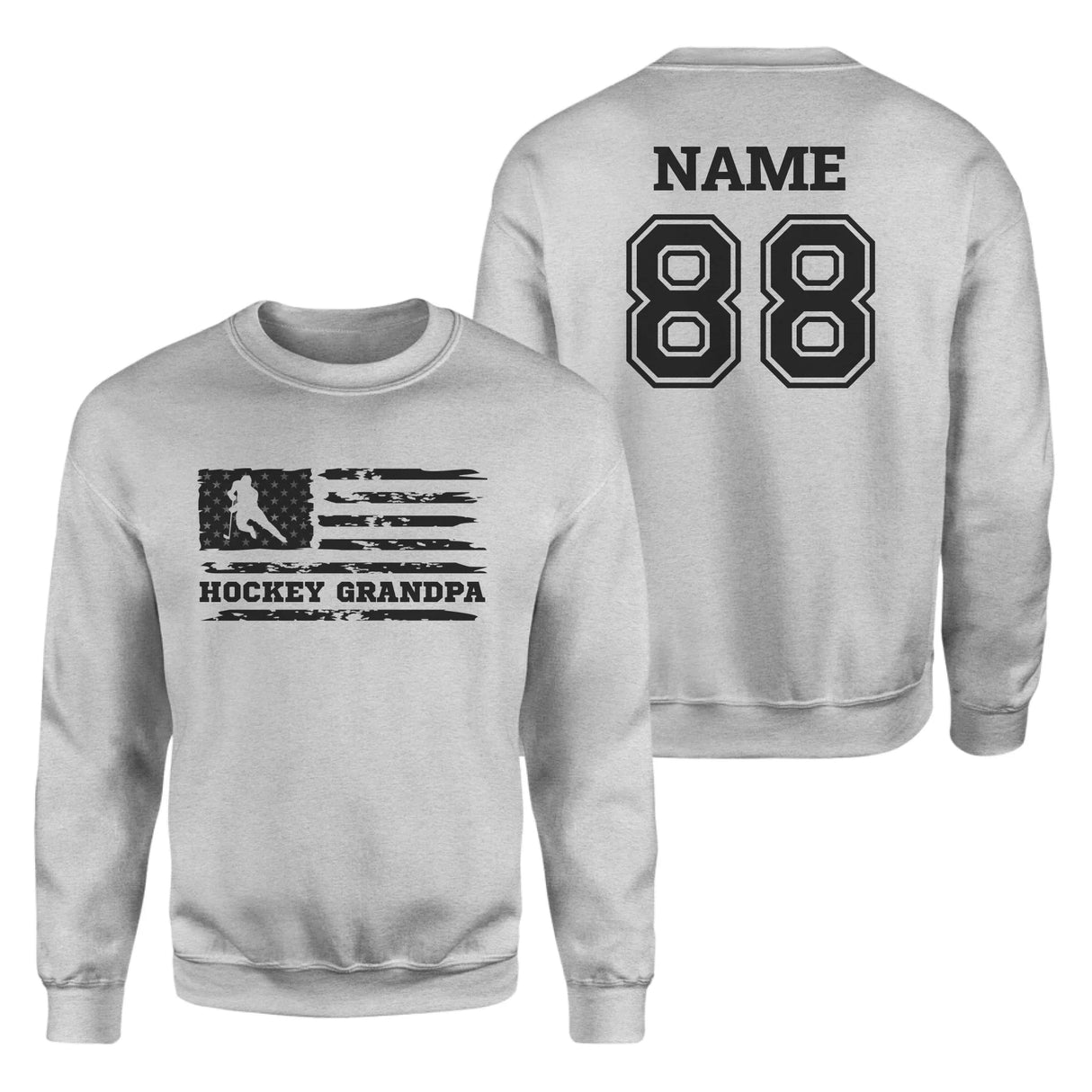 Hockey Grandpa Horizontal Flag With Hockey Player Name on a Sweatshirt with a Black Graphic