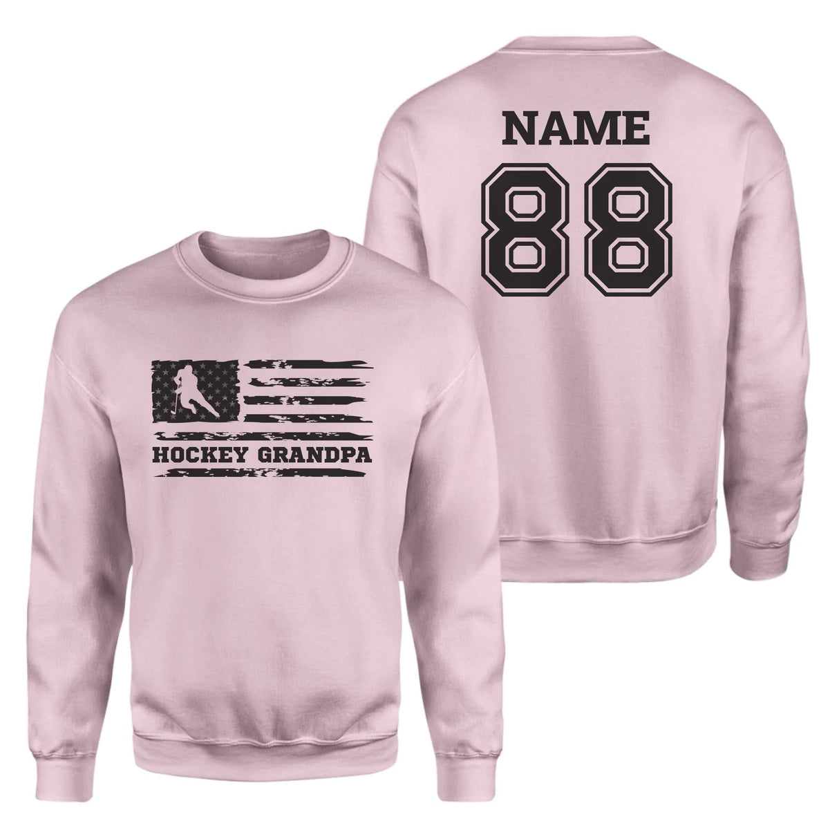 Hockey Grandpa Horizontal Flag With Hockey Player Name on a Sweatshirt with a Black Graphic