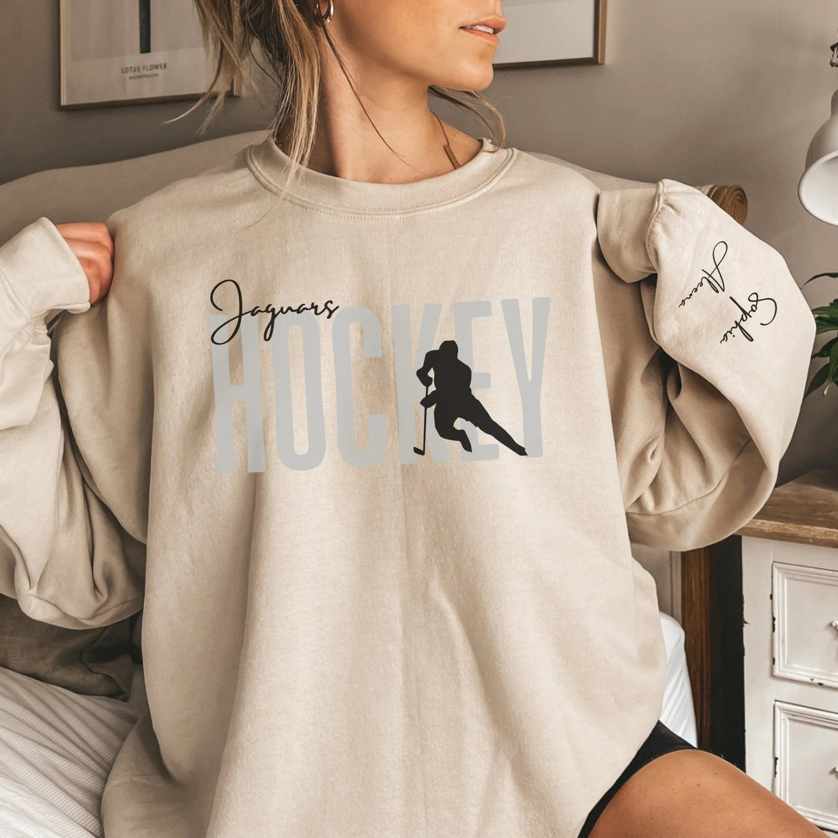 Personalized Hockey on a Sweatshirt With Modern Bold Design and Hockey Player Name on Sleeve on a Sweatshirt