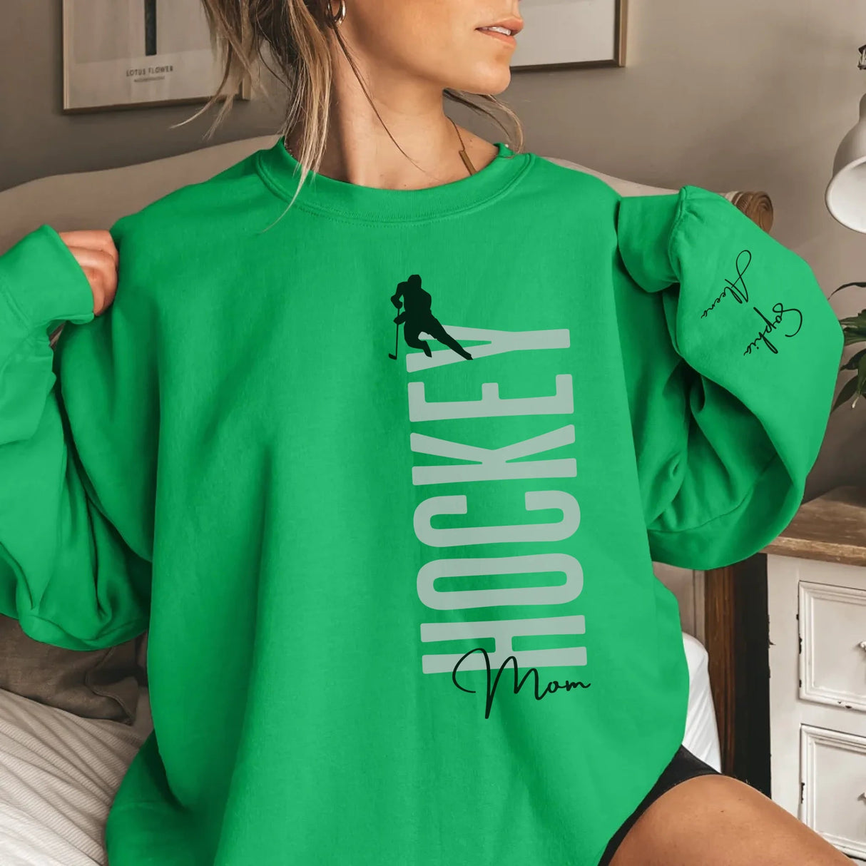 Personalized Hockey Mom on a Sweatshirt With Mascot, Icon, and Hockey Player Name on Sleeve on a Sweatshirt