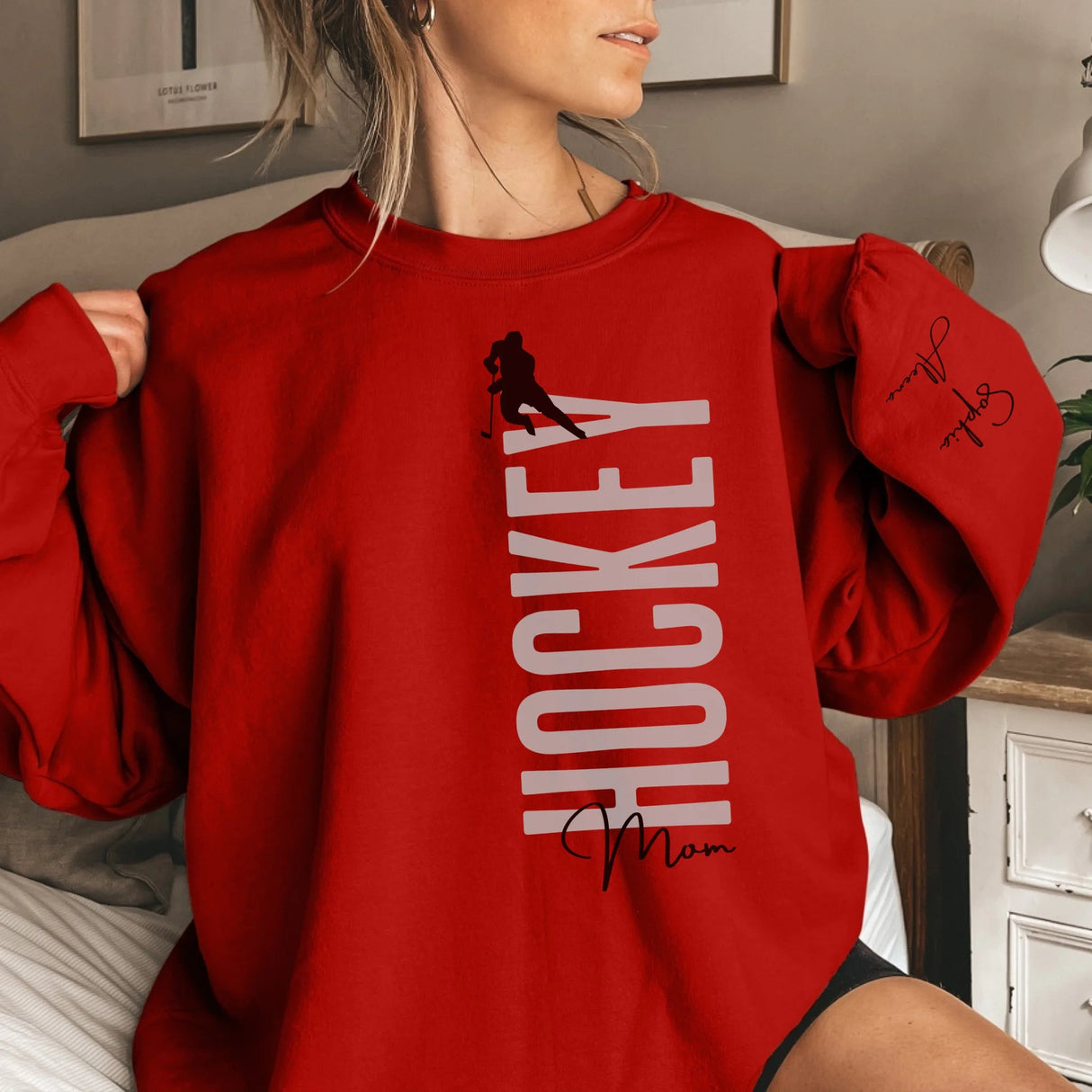 Personalized Hockey Mom on a Sweatshirt With Mascot, Icon, and Hockey Player Name on Sleeve on a Sweatshirt