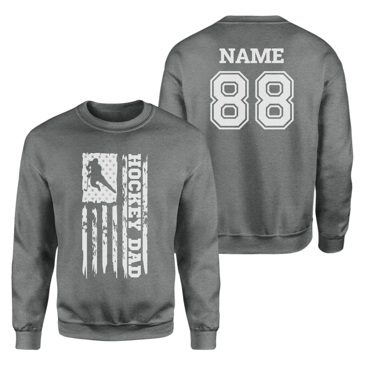Hockey Dad Vertical Flag With Hockey Player Name on a Sweatshirt with a White Graphic
