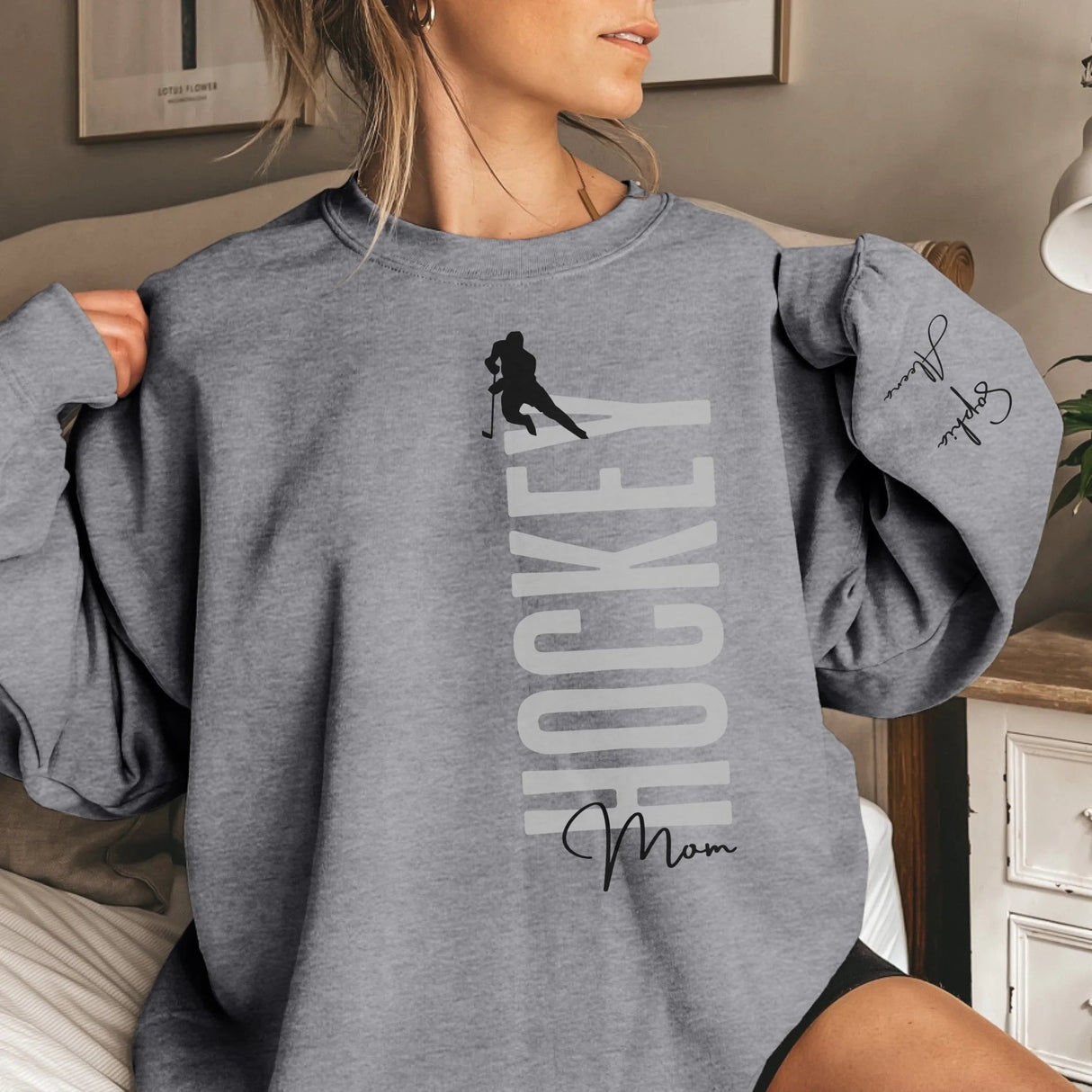 Personalized Hockey Mom on a Sweatshirt With Mascot, Icon, and Hockey Player Name on Sleeve on a Sweatshirt